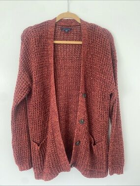 American Eagle Maroon Open-Knit Button Front Cardigan